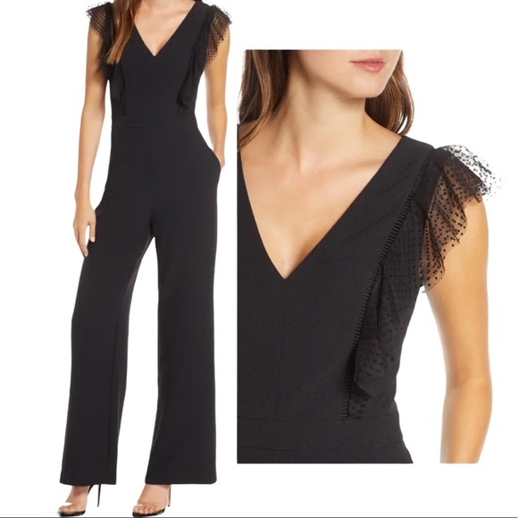 Eliza J Pants - ELIZA J Tulle Ruffle Stretch Crepe Jumpsuit Black